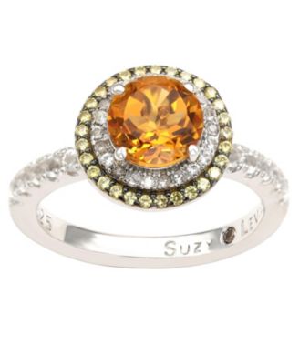 Suzy Levian Sterling Silver Round Cut Topaz and Sapphire Double Halo Ring