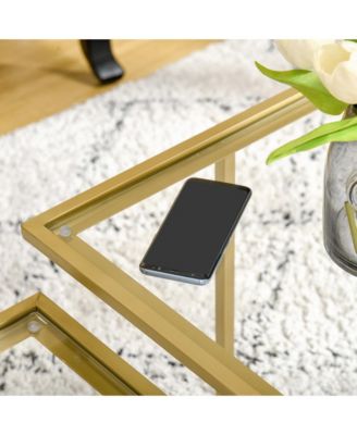 38" 2 Glass End Table, Living Room Table w/ Metal Frame,