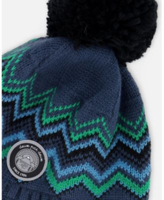 Boy Lined Peruvian Knit Pompom Hat Blue and Green - Toddler|Child