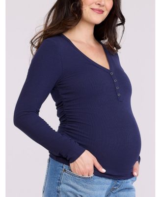 Women's V-Neck Side-Ruched Long Sleeve Henley Tee - Motherhood Maternity