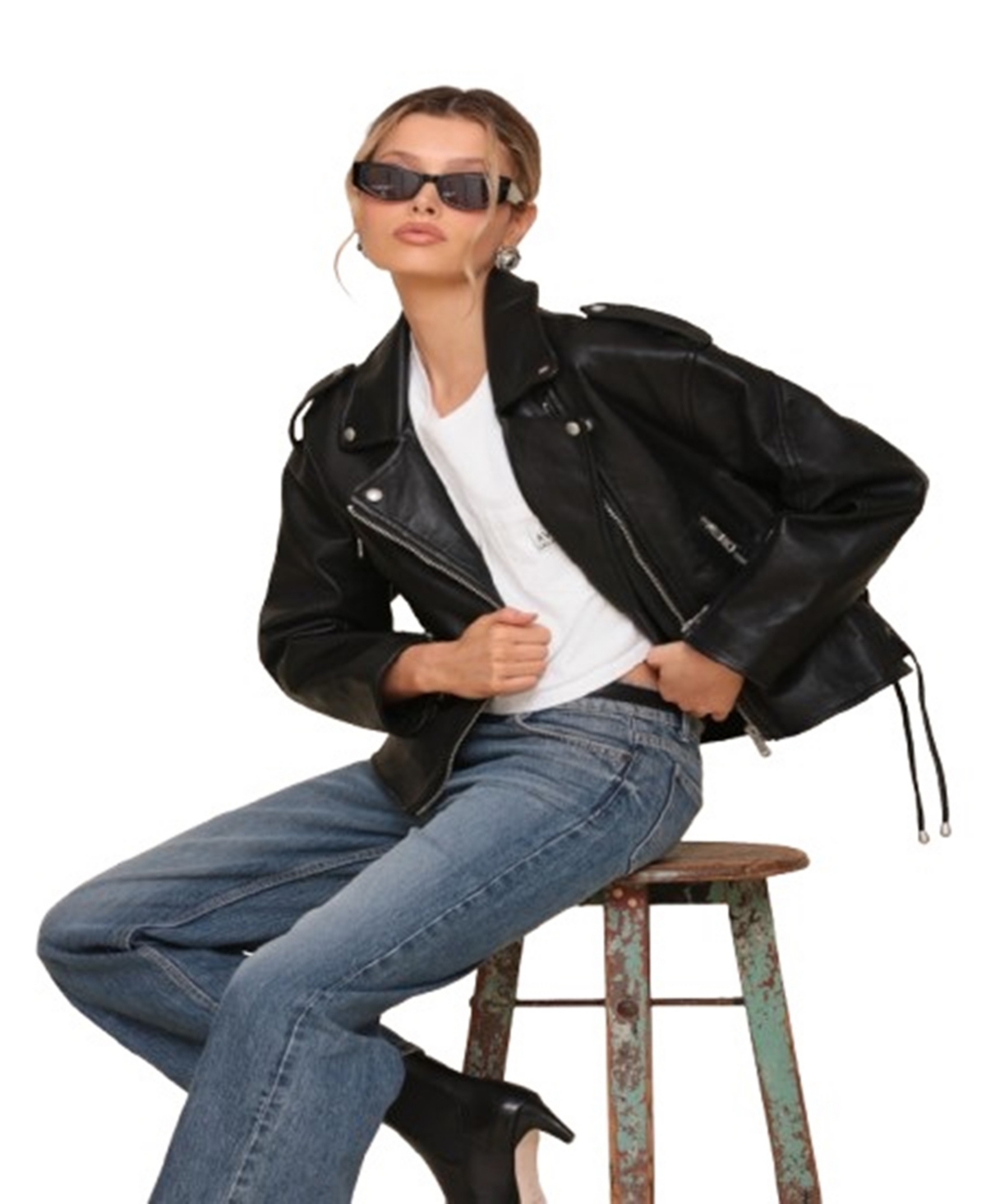 Avec Les Filles Women's Oversized Leather Moto Jacket In Black