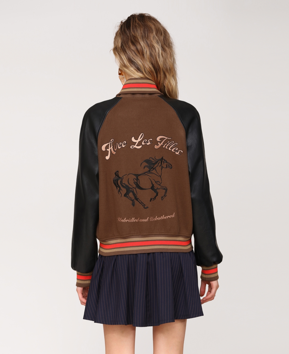 Avec Les Filles Women's Combo Sleeve And Roll Collar Varsity Bomber Jacket In Brown