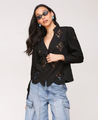 Women's Puff Sleeve Cropped Lace Scallop Button Up Blouse