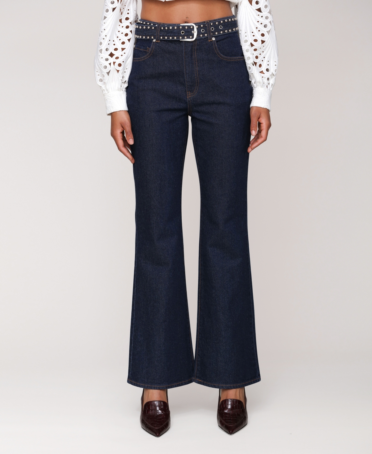 Women's Studded Belt High Rise Boot Cut Jeans - Dark Rinse Wash
