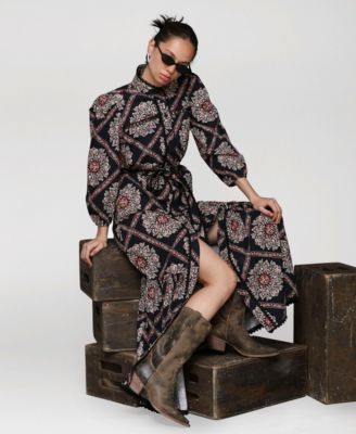 Women's Belted Puff-Shoulder Maxi Dress