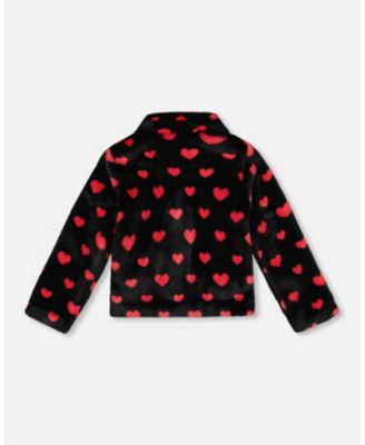 Girl Faux Fur Short Coat Black and Red with Hearts - Toddler|Child