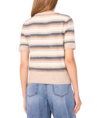 Women's Multi Color Stripe Short Sleeve Crewneck Sweater