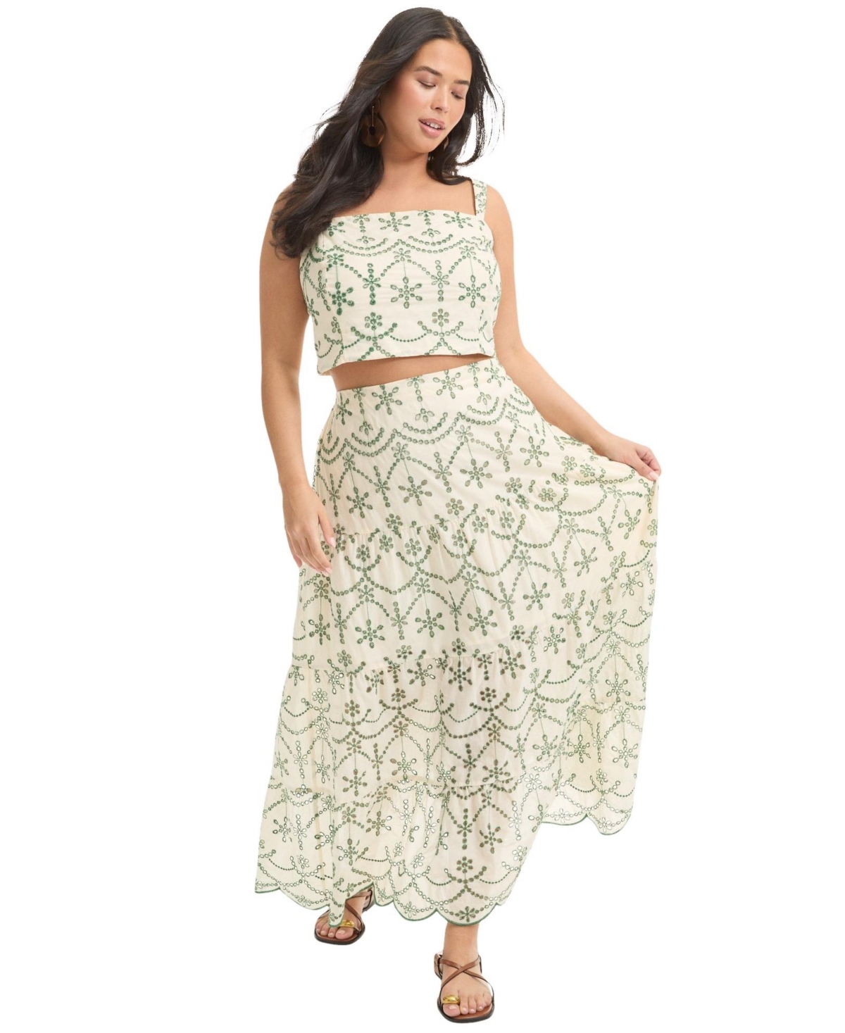 June + Vie Women's Eyelet Scalloped Hem Maxi Skirt
