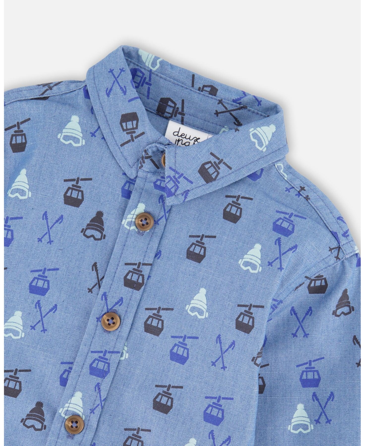 Deux par Boy Printed Long Sleeve Button Front Chambray Shirt Blue