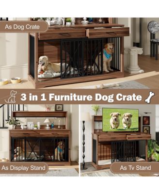 55.1" kitchen Cabinet Dog Crate Cage Table with 2 Storage Drawers and Shelves