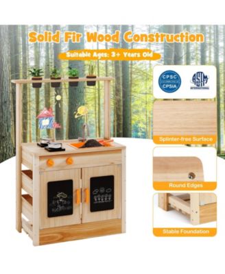 Kids Mud Kitchen Fir Wood Playset with Planting Pots and Blackboards