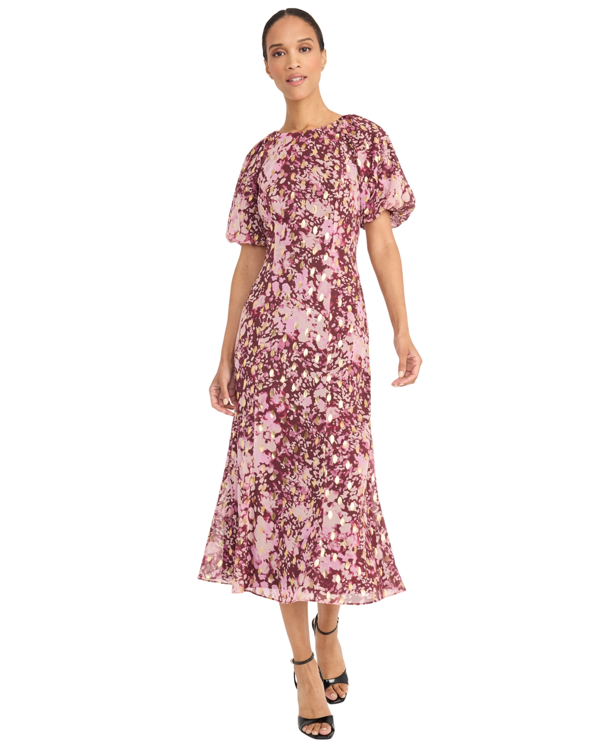 Maggy London Puff Sleeve Chiffon Midi Dress In Multi