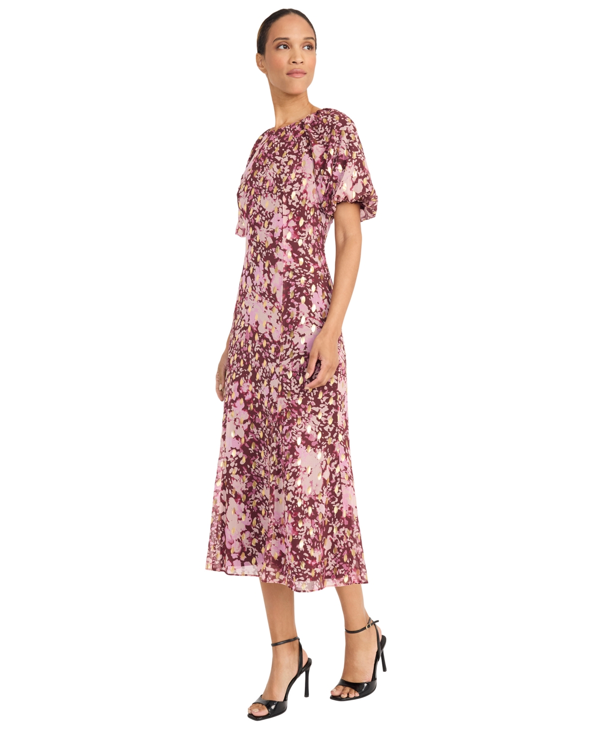 Maggy London Puff Sleeve Chiffon Midi Dress In Multi
