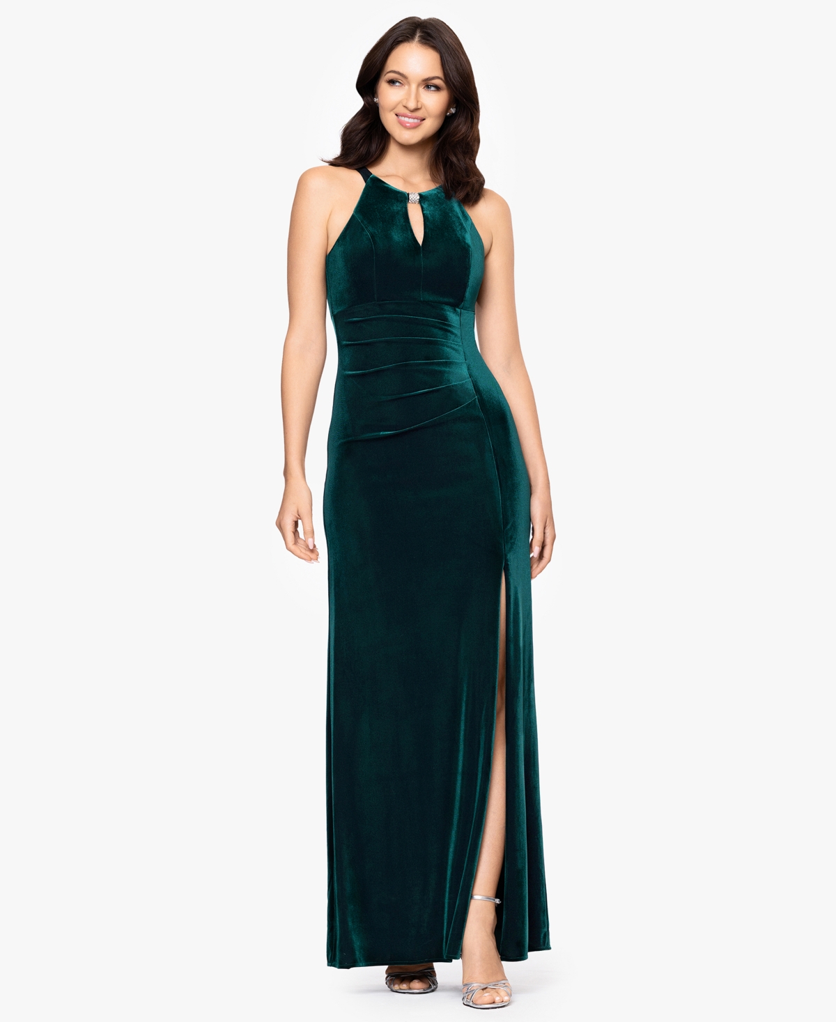 B & A By Betsy And Adam Petite Long Velvet Keyhole Dress In Green