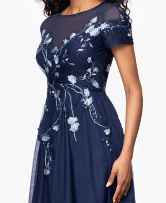 Women's&nbsp;Long Mesh Sequin Embroidered Cap Sleeve Dress