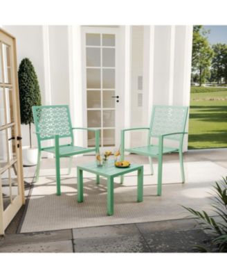 3 PCS Green Patio Bistro Set, Outdoor Stackable Steel Chairs & Square Coffee Table for Balcony, Porch, Garden, Lawn