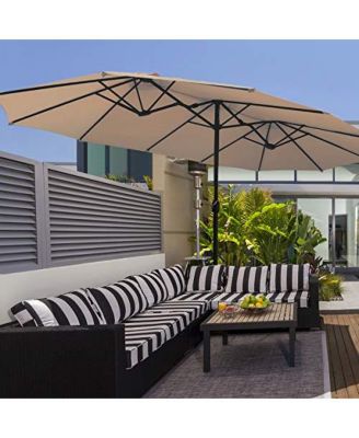 15 Feet Double-Sided Twin Patio Umbrella with Crank and Base
