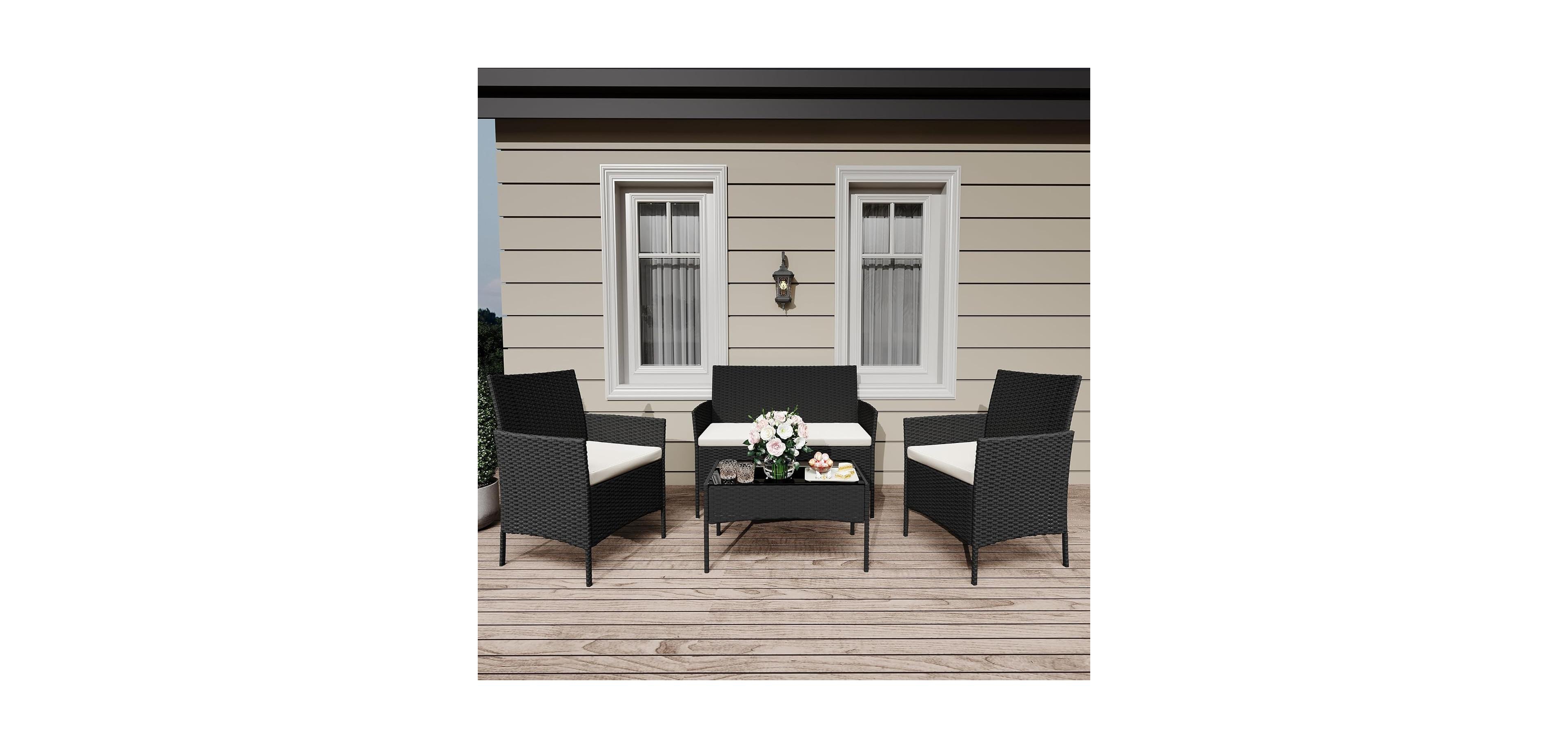 Gaomon 4 Piece Brown/Black Weather-Resistant Rattan Patio Furniture Set, Deck Chairs & Wicker Combo for Garden & Lawn