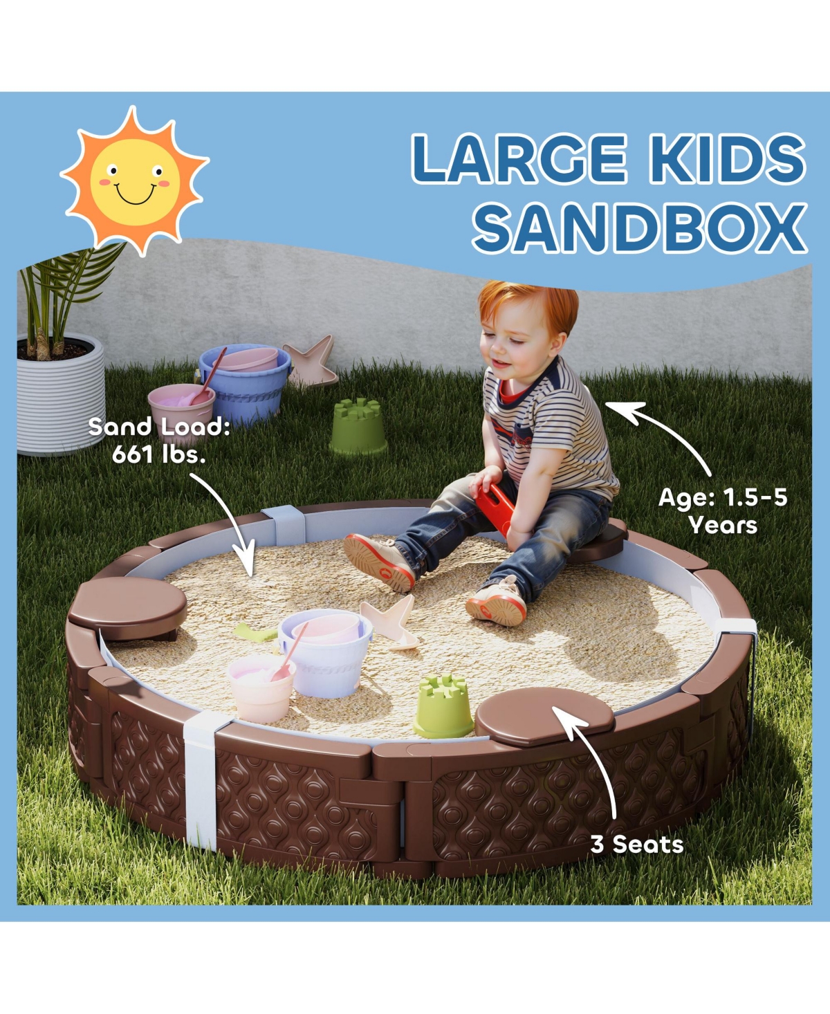 Qaba Round Kids box with Cover, 3 Seats, Bottom Liner,