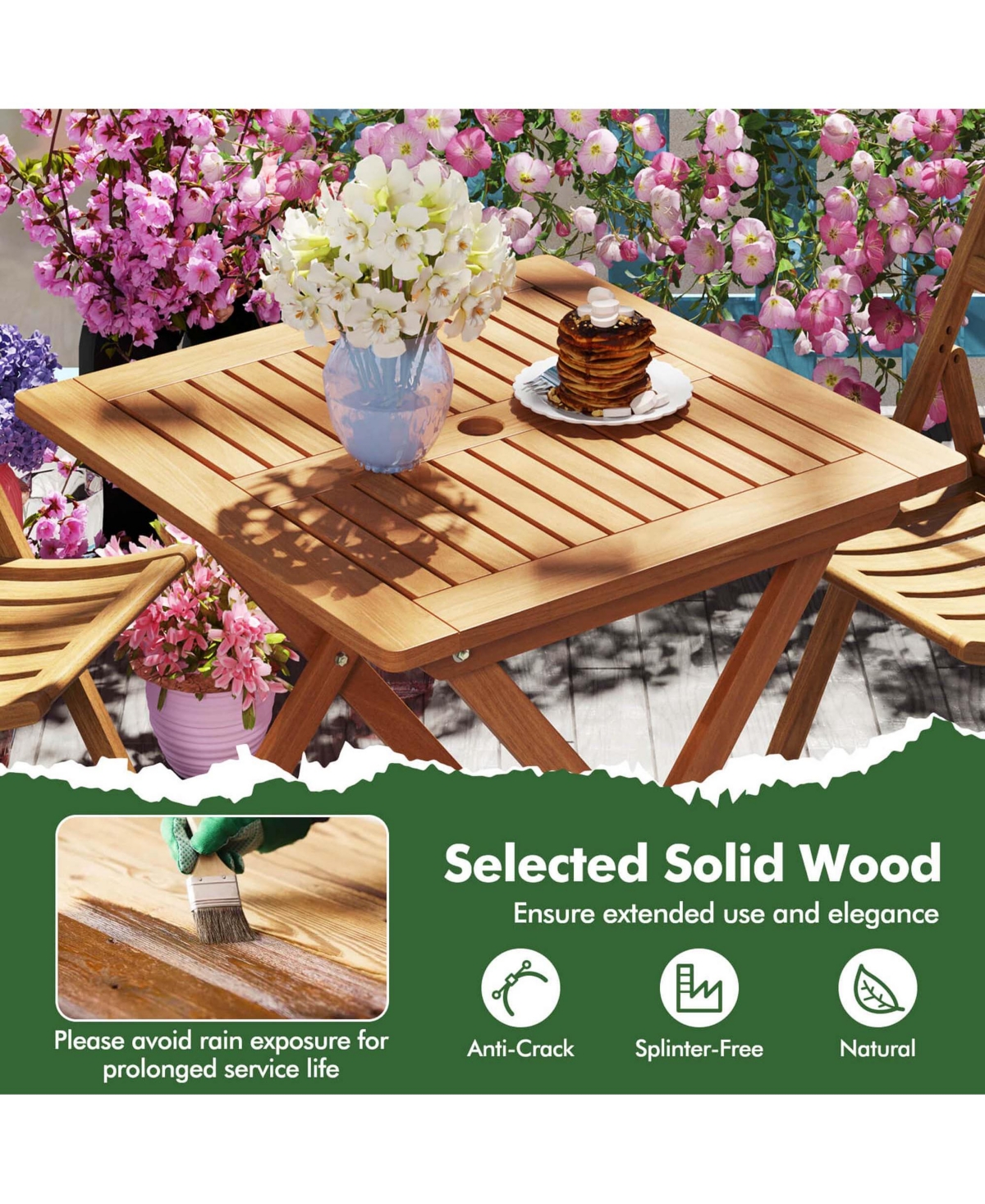 Costway 29.5" x 29.5" Patio Dining Table with Teak Painting 2" Umbrella Hole
