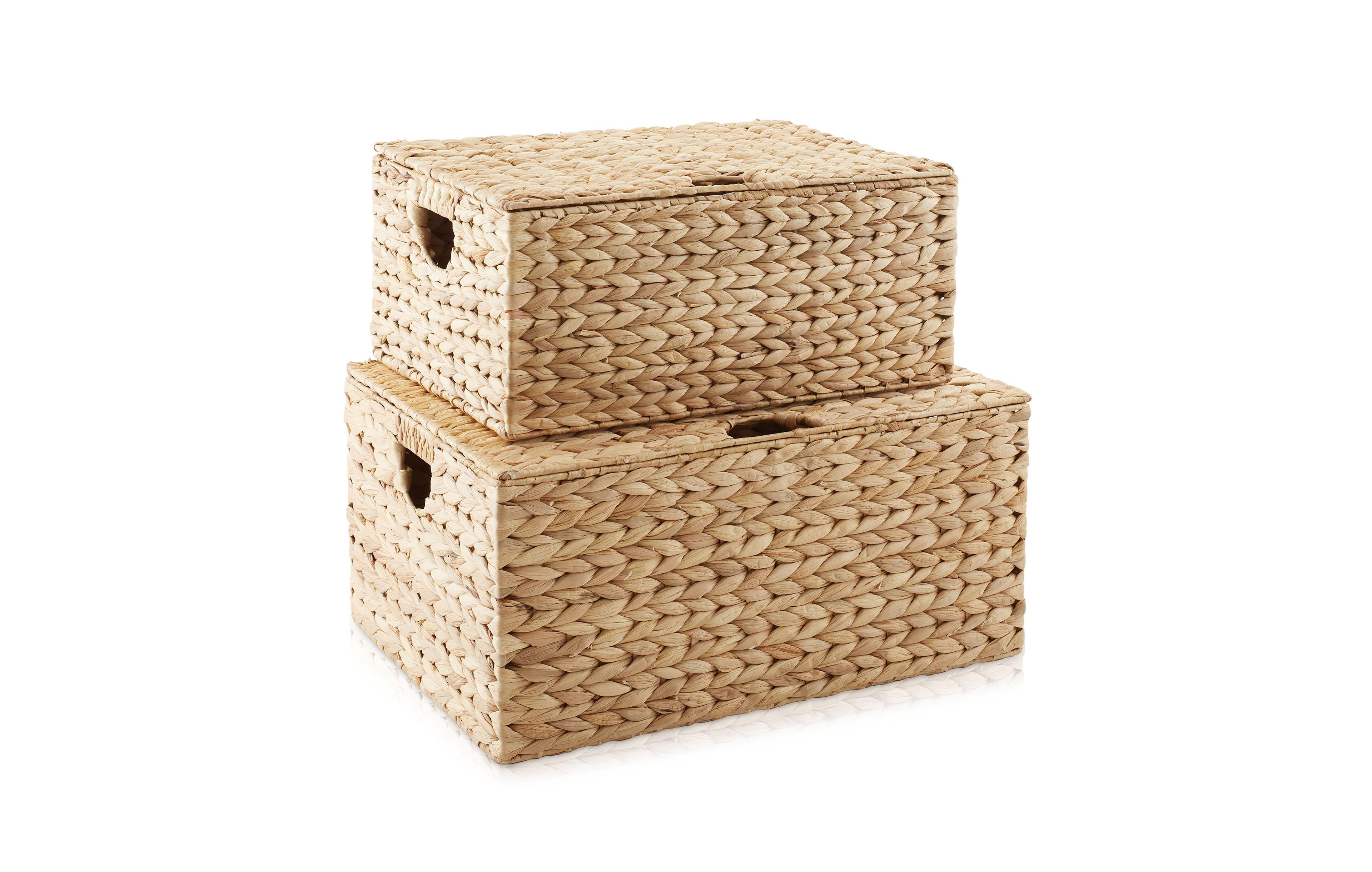 Casafield Set of 2 Water Hyacinth Storage Baskets (Medium/Large), Multipurpose Organizer Rectangular Totes with Removable Lids - Natural