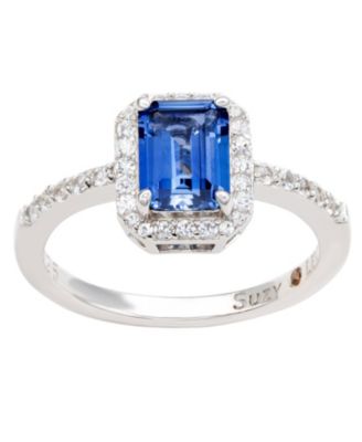 Suzy Levian Sterling Silver Emerald Cut Sapphire & Created White Sapphire Halo Ring