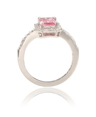 Suzy Levian Sterling Silver Emerald Cut Sapphire & Created White Sapphire Halo Ring