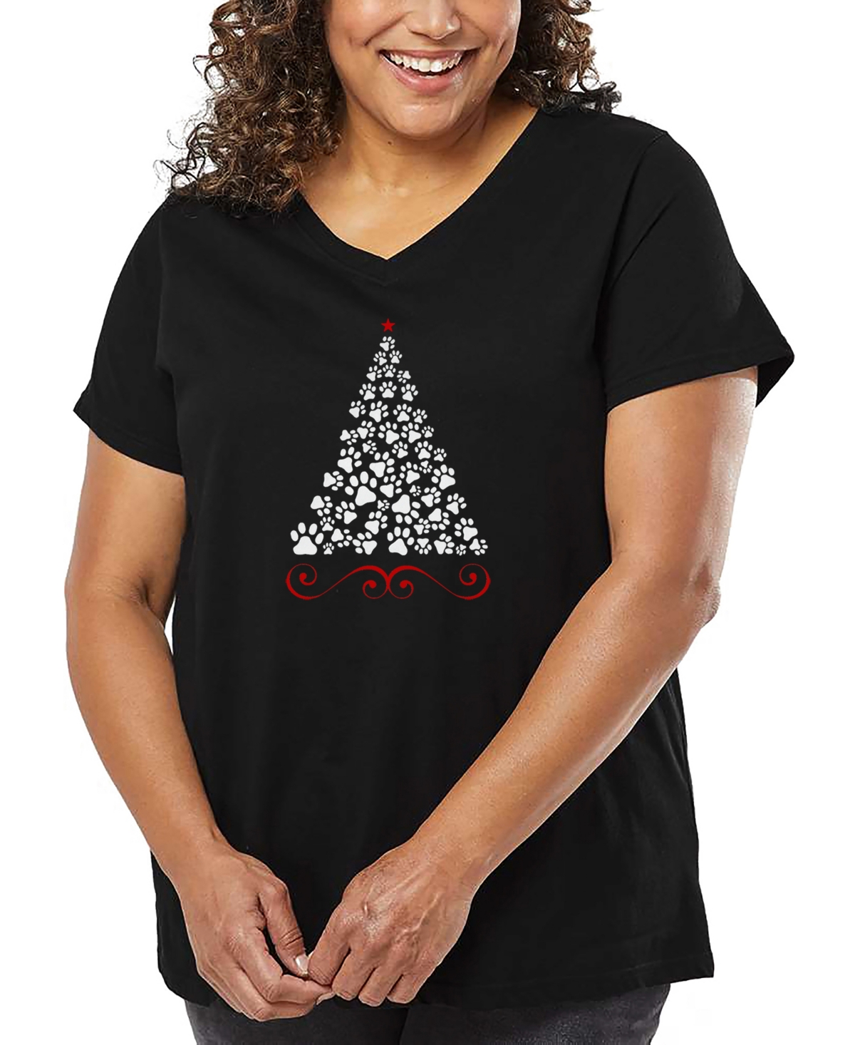 La Pop Art Plus Size Paw Christmas Tree Word Art V-neck T-shirt In Black
