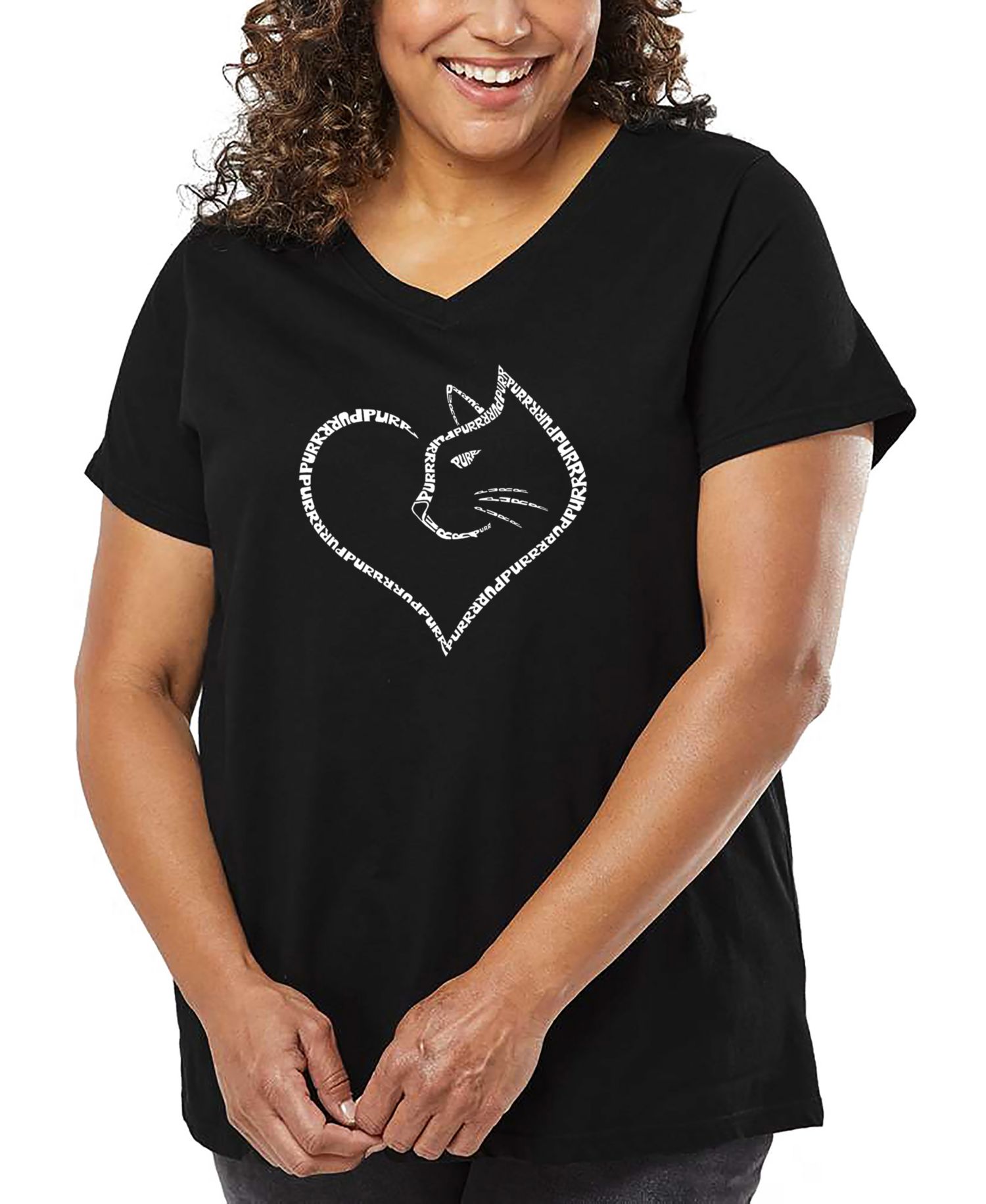 Plus Size Cat Heart Word Art V-Neck T-Shirt