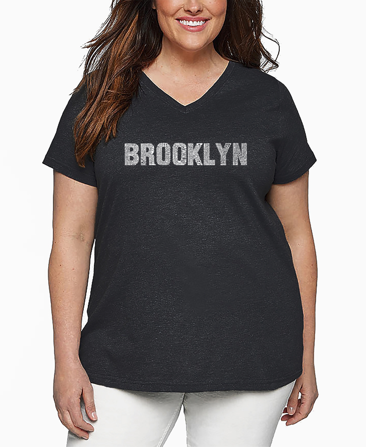 La Pop Art Plus Size Brooklyn Neighborhoods Word Art V-neck T-shirt In Gray