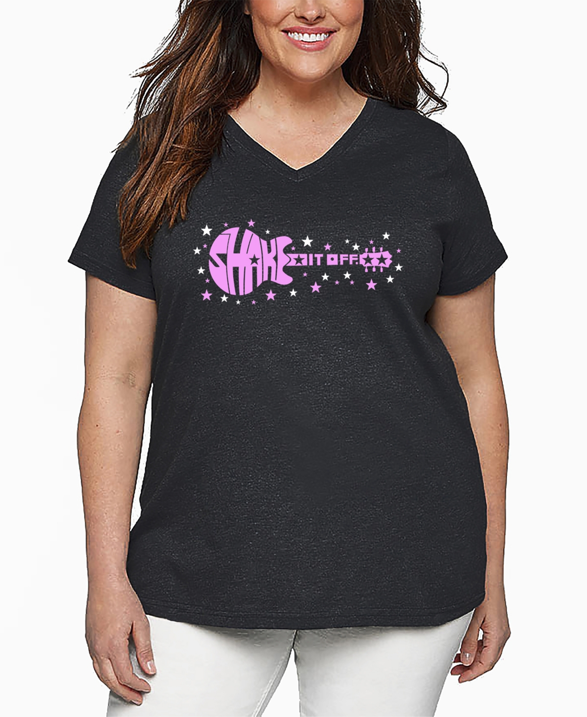La Pop Art Plus Size Shake It Off Word Art V-neck T-shirt In Gray