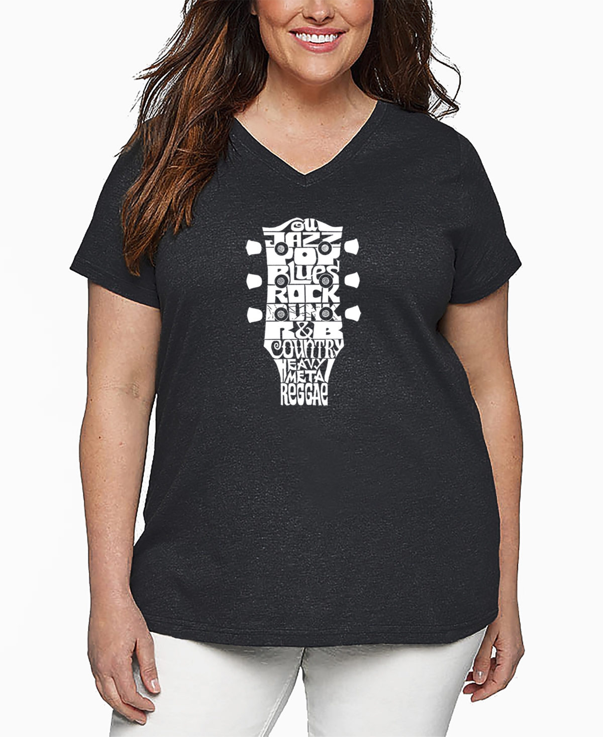 La Pop Art Plus Size Guitar Head Music Genres Word Art V-neck T-shirt In Gray