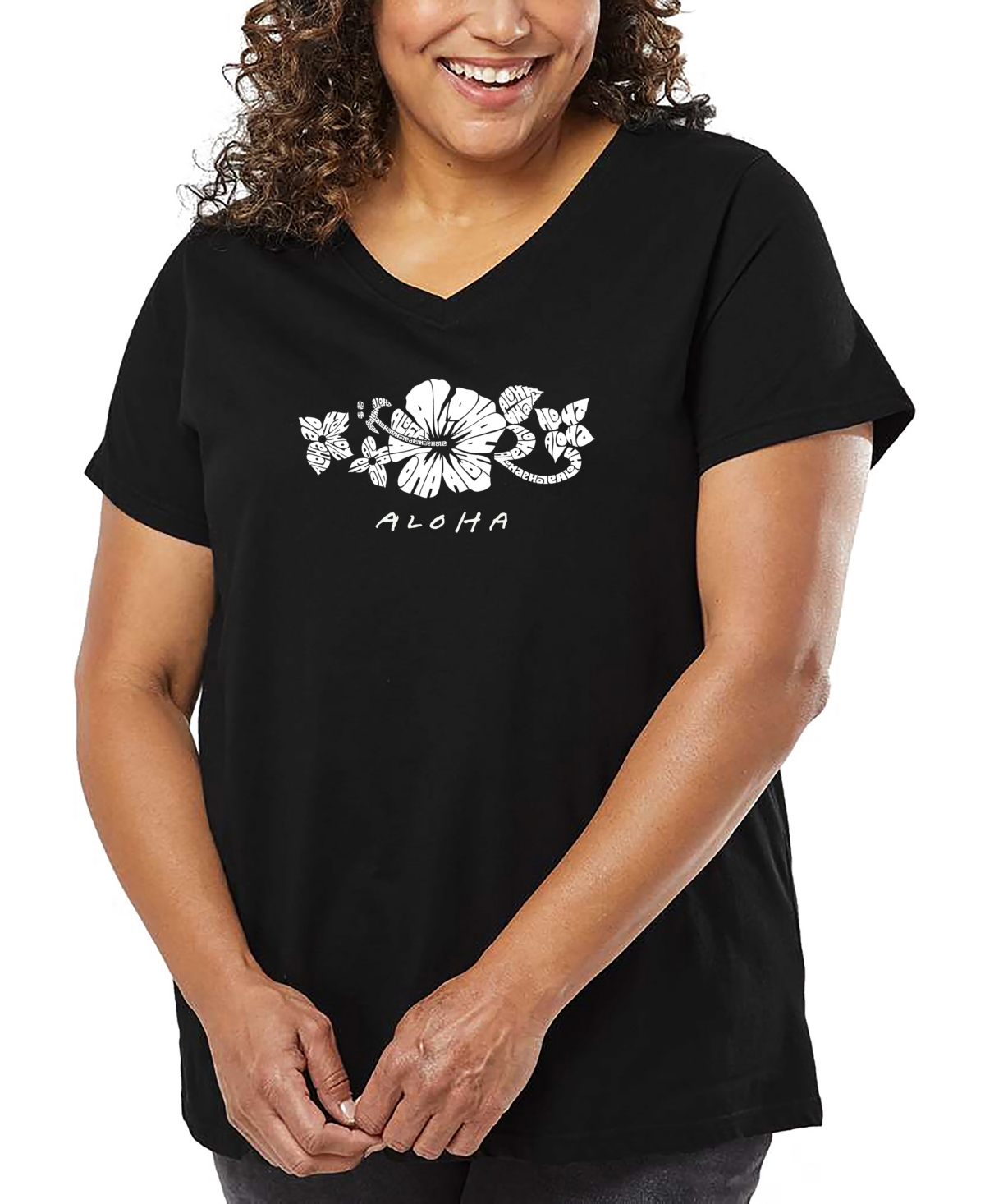 La Pop Art Plus Size Aloha Word Art V-neck T-shirt In Black