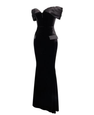Women Qamra Black Velvet Off Shoulder Mermaid Maxi Dress