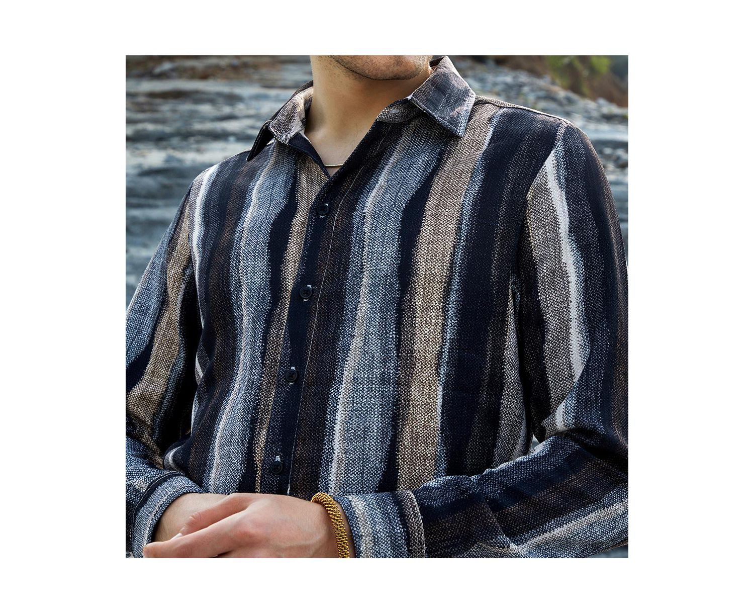 Men's Prussian Blue & Ash Brown Brushed-Stripe Shirt
