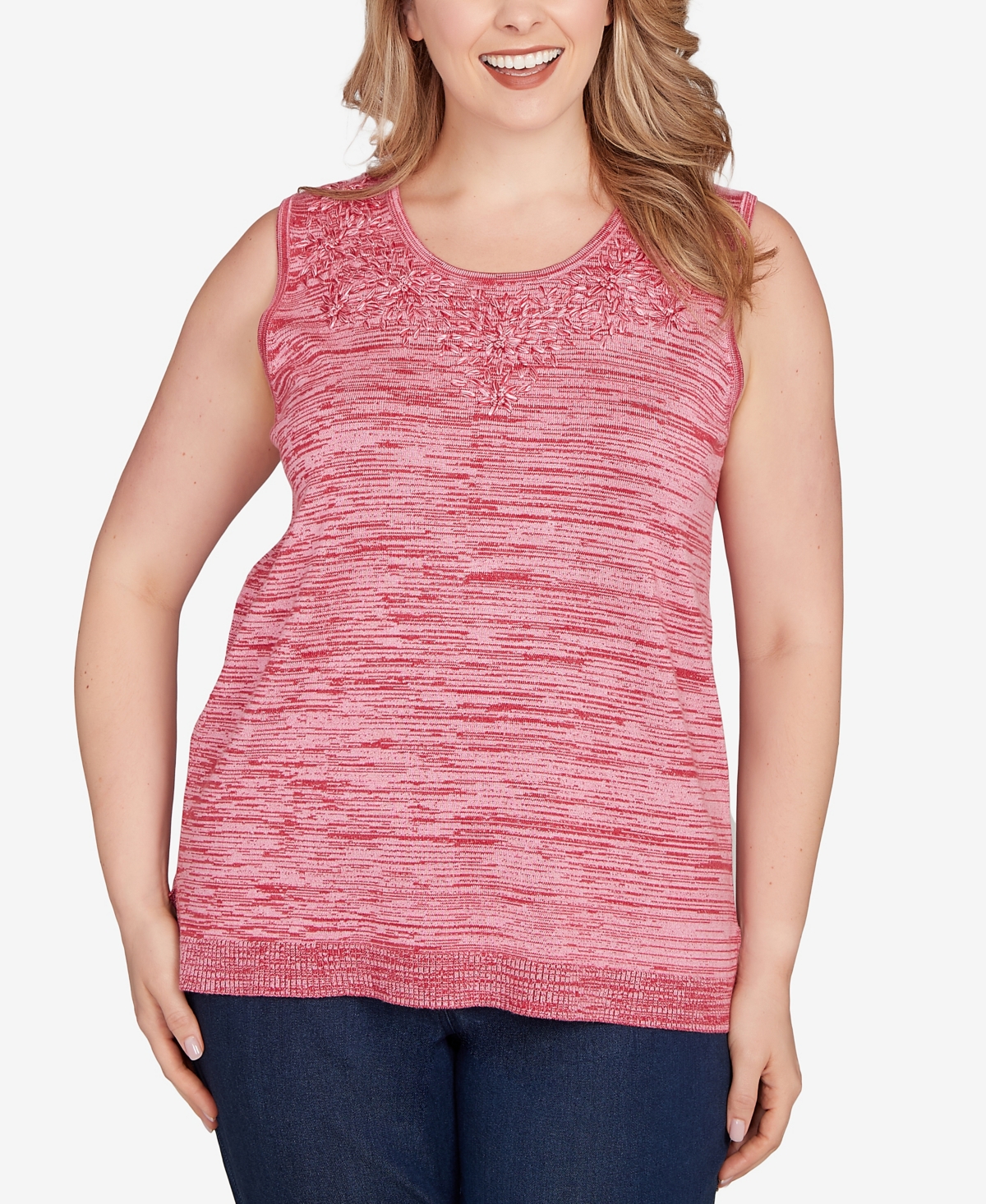 Ruby Rd. Plus Marled Knit Embroidered Tank Sweater
