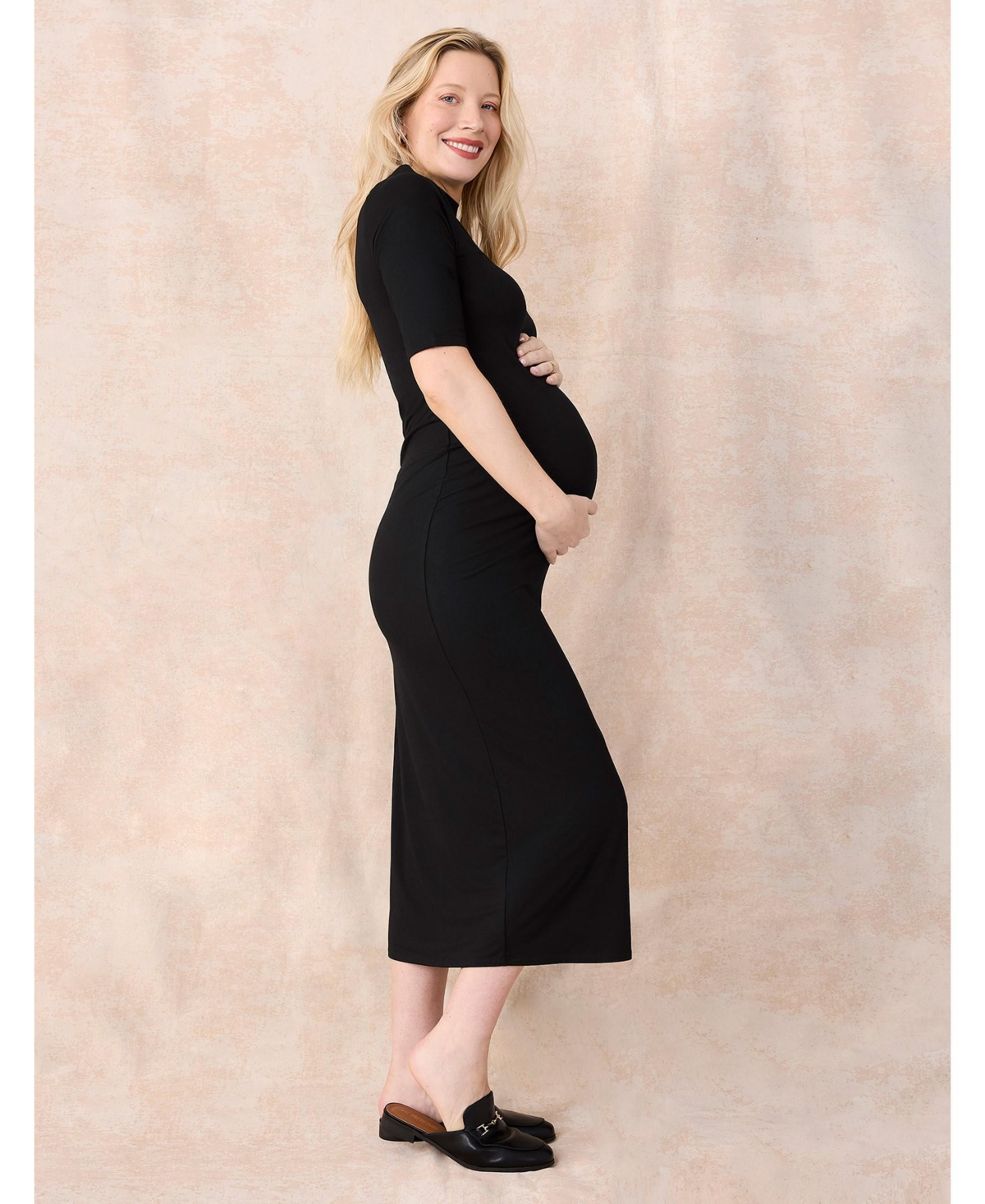 Motherhood Maternity Women's Mock Neck 3/4 Sleeve Ribbed Maxi Dress