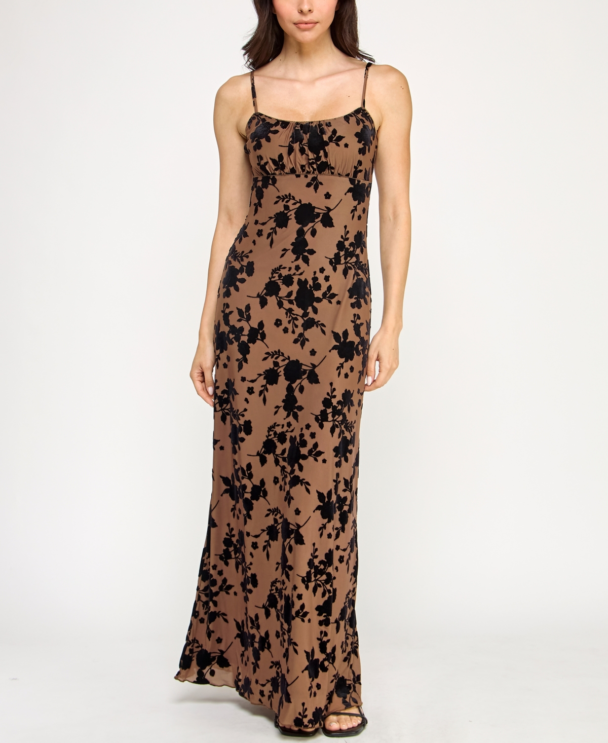 Row A Juniors' Strappy Flocked Sleeveless Dress In Brown