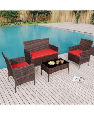 4 Pieces Brown/Red Rattan Outdoor Patio Furniture Set with Upholstered Sofa, 2 Chairs & Coffee Table for Backyard & Porch