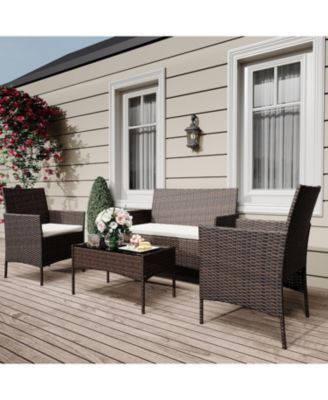 4 Piece Wicker Rattan Patio Conversation Set with 2 Chairs, Loveseat & Coffee Table for Front Porch, Balcony, Bistro Use