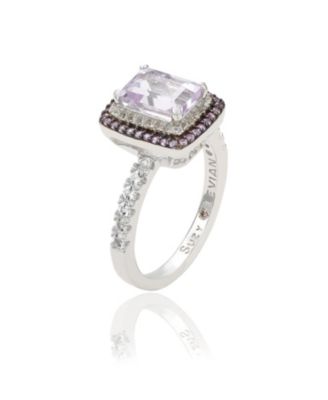 Suzy Levian Sterling Silver Emerald Cut Topaz and Sapphire Double Halo Ring