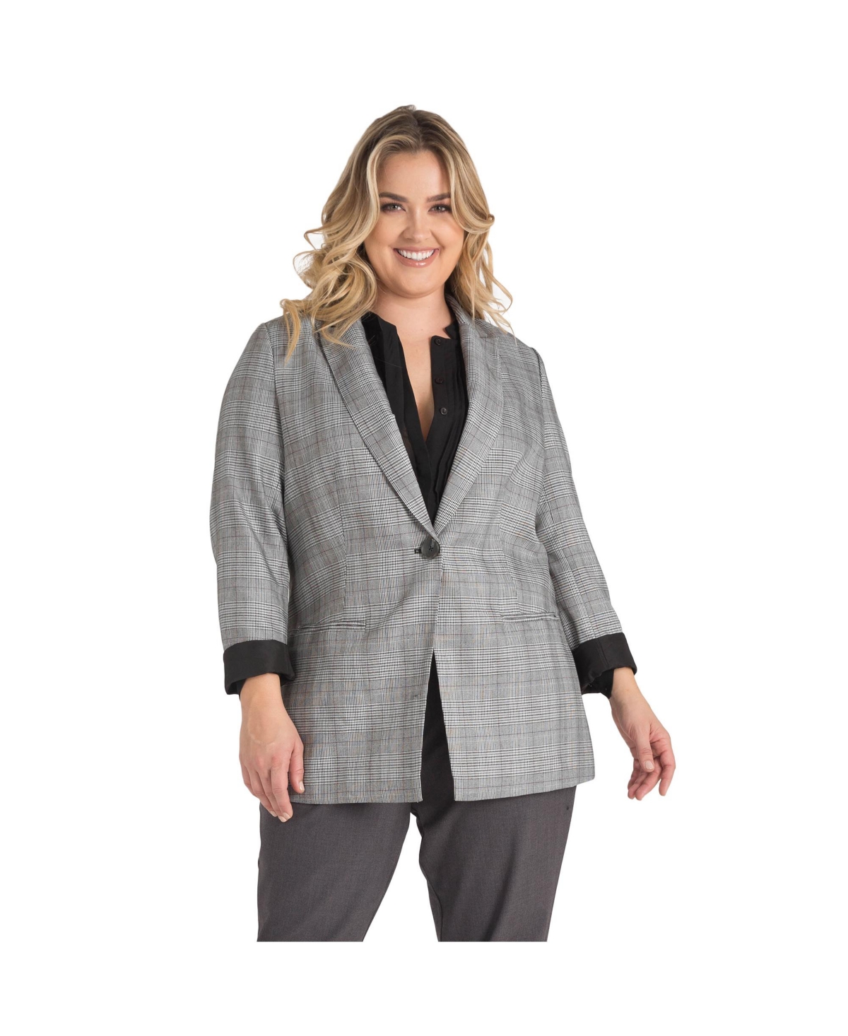 Women's One-Button Oversize Plaid Boyfriend Blazer - Black white