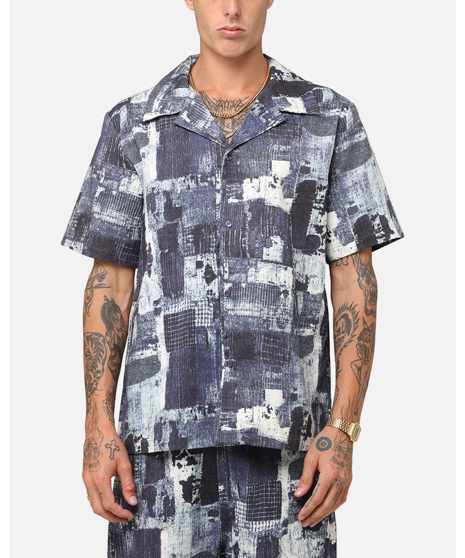 Men's Printed Denim Patch Button Up Shirt