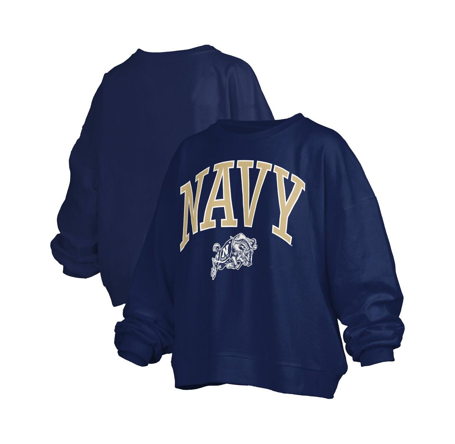 Women's Navy Midshipmen Janise Arch Over Logo Waist Length Oversized Pullover Sweatshirt
