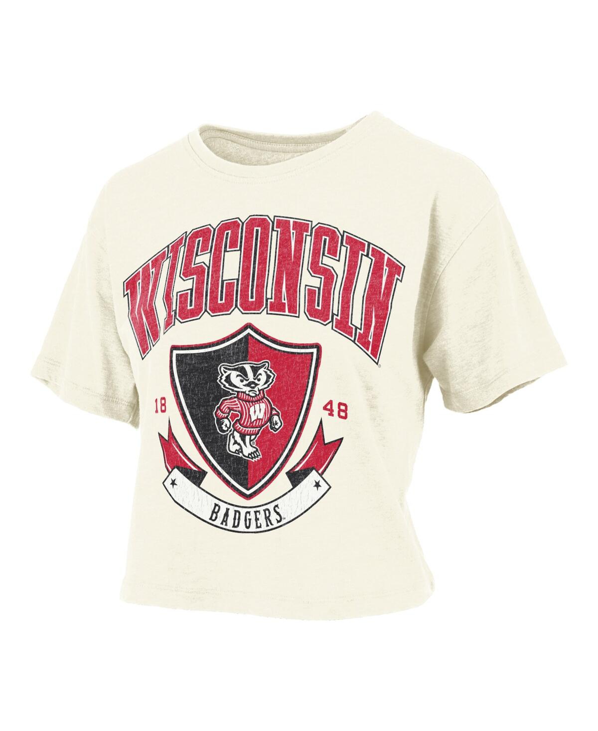 Pressbox Women's Cream Wisconsin Badgers Buckler Vintage Cropped T-shirt In Burgundy