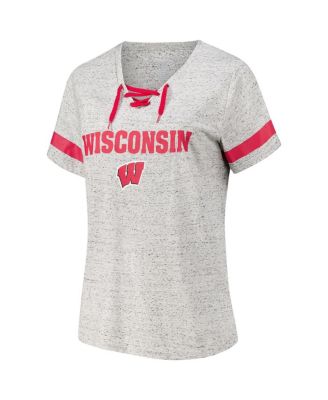 Women's Heather Gray Wisconsin Badgers Plus Size Lace-Up V-Neck T-Shirt