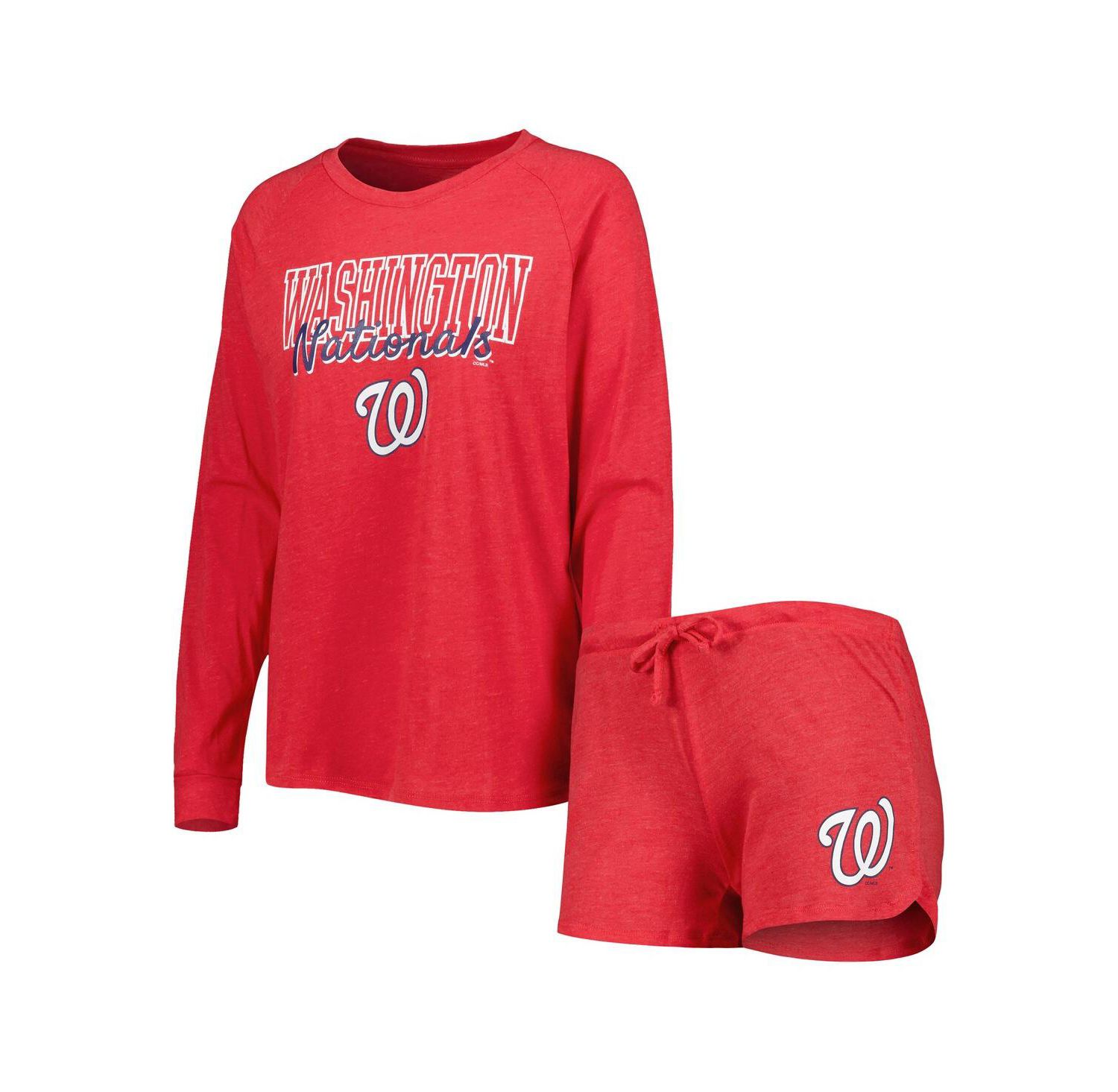 Women's 2-Pack Heather Red Washington Nationals Meter Knit Raglan Long Sleeve Top Shorts and Sleep Set