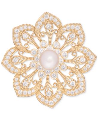 Macy's - Cultured Freshwater Pearl (7mm) & Cubic Zirconia Filigree Flower Pin in 18K Gold-Plated Sterling Silver