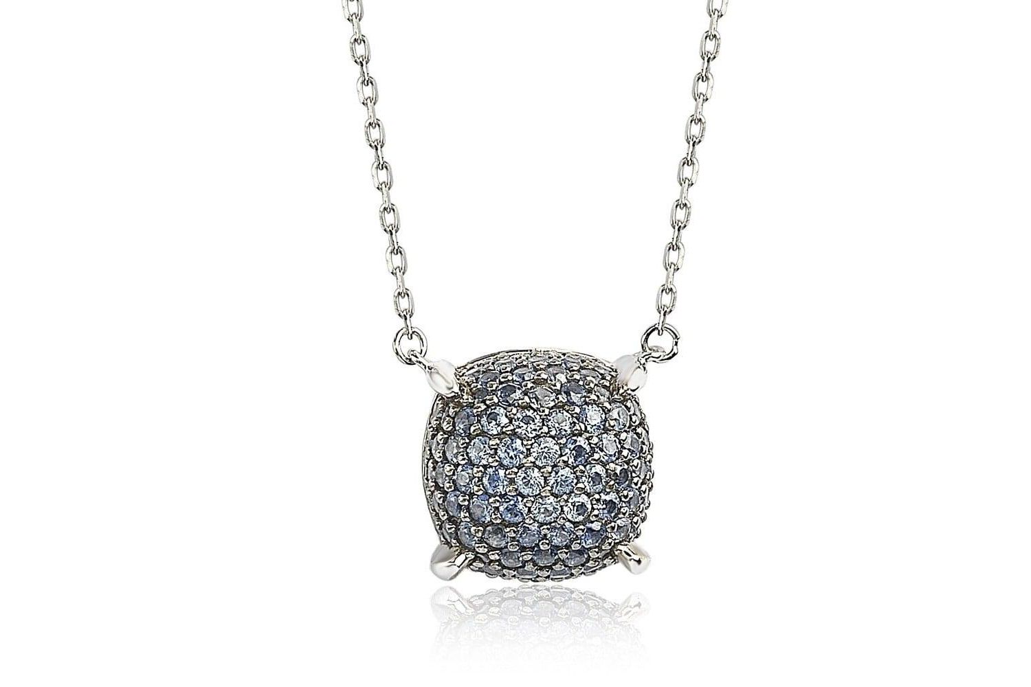Suzy Levian Sterling Silver Sapphire Pave Puff 10 mm Solitaire Station Necklace