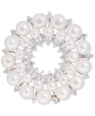 Macy's - Cultured Freshwater Pearl (5 - 6 1/2mm) & Cubic Zirconia Double Circle Convertible Pin to Pendant in Sterling Silver